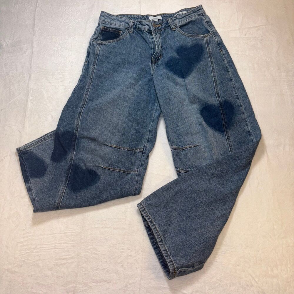 Forever 21 Barrel Fit Jeans Size 28 Heart Dye Pattern Y2K Wide Leg Denim